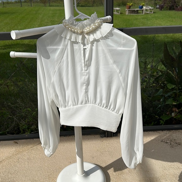 Zara Transparent crème long Sleeve blouse ruffle neck with pearl Statement - Picture 3 of 5